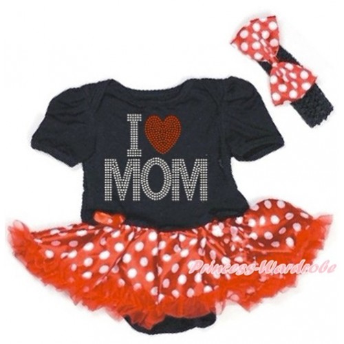 Mother's Day Black Baby Bodysuit Jumpsuit Minnie Dots Pettiskirt With Sparkle Crystal Bling Rhinestone I Love Mom Print With Black Headband Minnie Dots Satin Bow JS3248 
