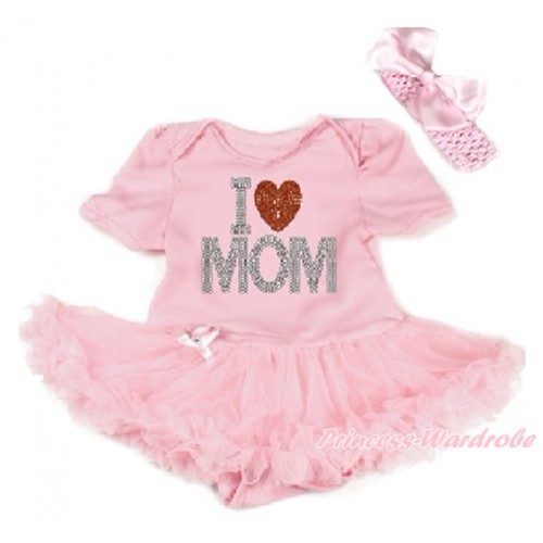 Mother's Day Light Pink Baby Bodysuit Jumpsuit Light Pink Pettiskirt With Sparkle Crystal Bling Rhinestone I Love Mom Print With Light Pink Headband Light Pink Silk Bow JS3250 