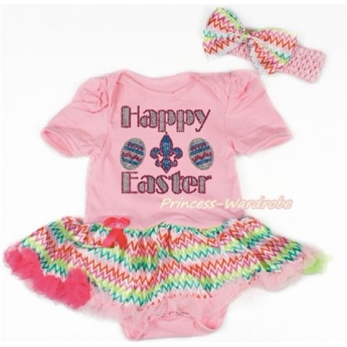 Easter Light Pink Baby Bodysuit Jumpsuit Rainbow Wave Pettiskirt With Sparkle Crystal Bling Rhinestone Happy Easter Print With Light Pink Headband Rainbow Wave Satin Bow JS3253 