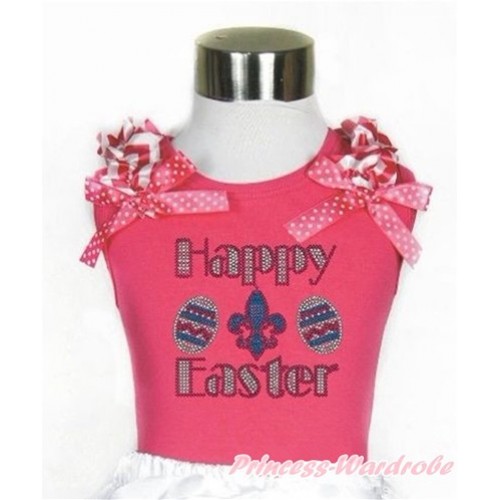 Easter Hot Pink Tank Top With Hot Pink White Wave Ruffles & Hot Pink White Dots Bow With Sparkle Crystal Bling Rhinestone Happy Easter Print TM254 