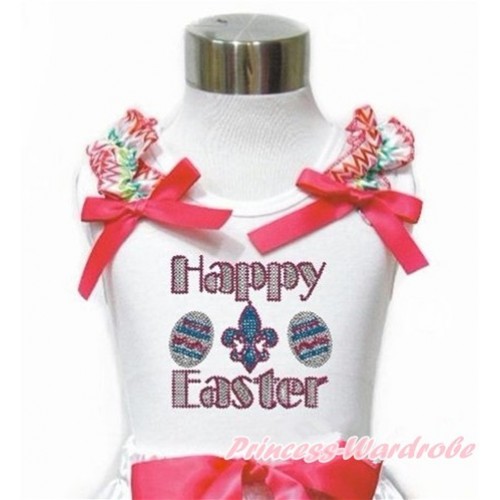 Easter White Tank Top With Rainbow Wave Ruffles & Hot Pink Bow With Sparkle Crystal Bling Rhinestone Happy Easter Print TB718 