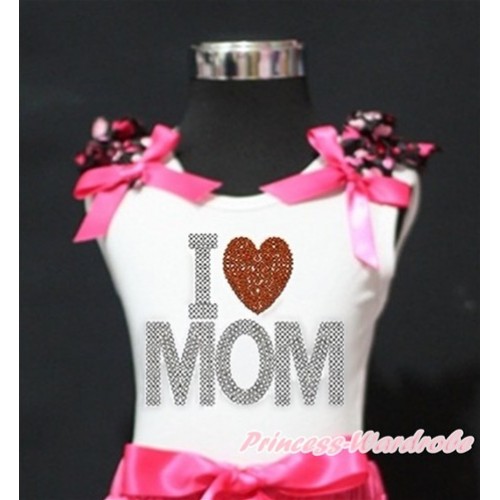 Mother's Day White Tank Top With Hot Light Pink Heart Ruffles & Hot Pink Bow With Sparkle Crystal Bling Rhinestone I Love Mom Print TB722 