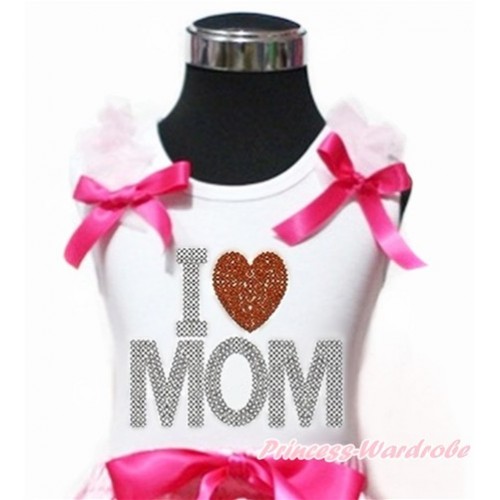 Mother's Day White Tank Top With Light Pink Ruffles & Hot Pink Bow With Sparkle Crystal Bling Rhinestone I Love Mom Print TB723 