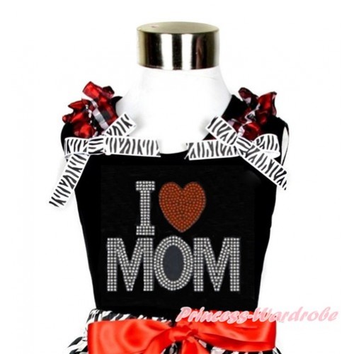 Mother's Day Black Tank Top With Red Black Checked Ruffles & Zebra Bow With Sparkle Crystal Bling Rhinestone I Love Mom Print TB724 