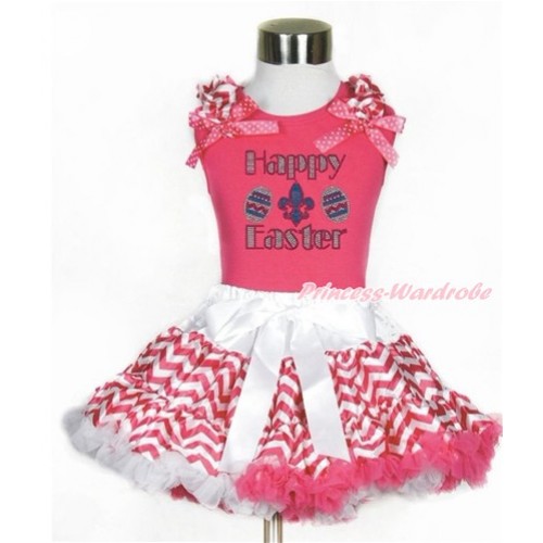 Easter Hot Pink Tank Top with Hot Pink White Wave Ruffles & Hot Pink White Dots Bow with Sparkle Crystal Bling Rhinestone Happy Easter Print  & Hot Pink White Wave Pettiskirt MH193 