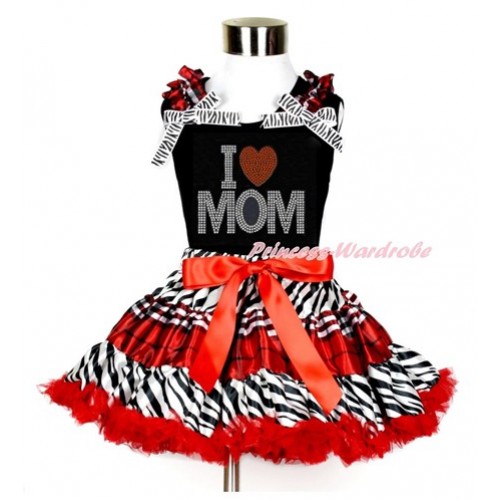 Mother's Day Black Tank Top with Red Black Checked Ruffles & Zebra Bows with Sparkle Crystal Bling Rhinestone I Love Mom Print With Zebra Red Black Checked Pettiskirt MG1120 