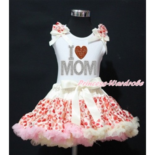 Mother's Day White Tank Top with Cream White Heart Ruffles & Cream White Bow with Sparkle Crystal Bling Rhinestone I Love Mom Print & Cream White Heart Pettiskirt MG1125 