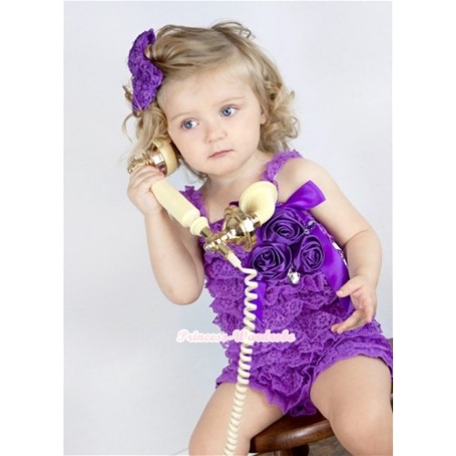 Dark Purple Lace Ruffles Petti Rompers With Straps With Big Bow & Bunch Of Dark Purple Satin Rosettes& Crystal LR142 