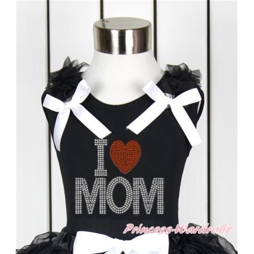 Mother's Day Black Tank Top With Black Ruffles & White Bow With Sparkle Crystal Bling Rhinestone I Love Mom Print TB726 