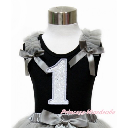Black Tank Top With Grey Ruffles & Grey Bow With 1st Sparkle White Birthday Number Print TB728 