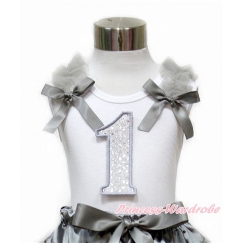 White Tank Top With Grey Ruffles & Grey Bow With 1st Sparkle White Birthday Number Print TB734 