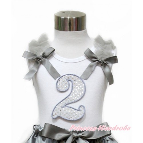 White Tank Top With Grey Ruffles & Grey Bow With 2nd Sparkle White Birthday Number Print TB735 