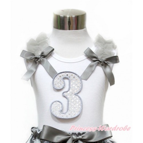 White Tank Top With Grey Ruffles & Grey Bow With 3rd Sparkle White Birthday Number Print TB736 