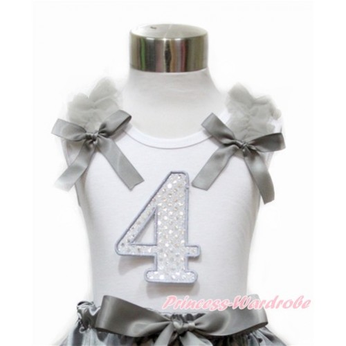 White Tank Top With Grey Ruffles & Grey Bow With 4th Sparkle White Birthday Number Print TB737 