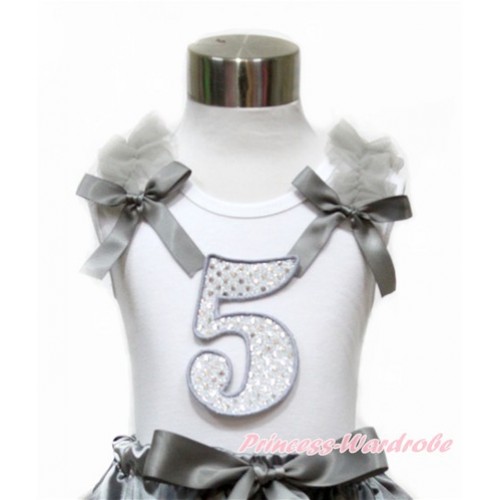 White Tank Top With Grey Ruffles & Grey Bow With 5th Sparkle White Birthday Number Print TB738 