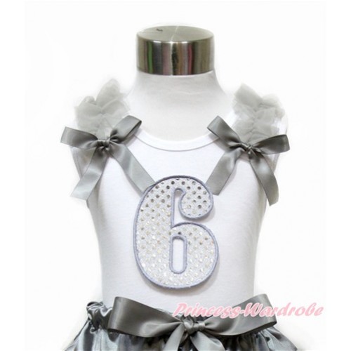 White Tank Top With Grey Ruffles & Grey Bow With 6th Sparkle White Birthday Number Print TB739 
