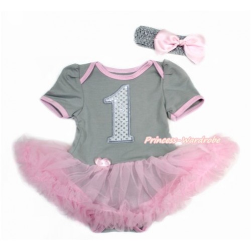 Grey Baby Bodysuit Jumpsuit Light Pink Pettiskirt With 1st Sparkle Grey Birthday Number Print With Grey Headband Light Pink Silk Bow JS3259 
