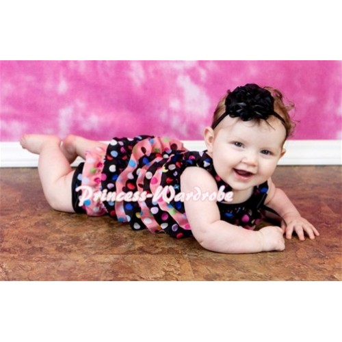 Black Pink Petti Romper Rainbow Polka Dot with Straps and Black Bow LR38 