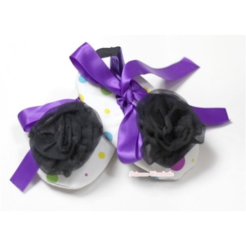 White Rainbow Polka Dots Crib Shoes with Dark Purple Ribbon with Black Rosettes S518 