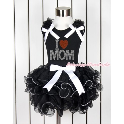 Mother's Day Black Tank Top With Black Ruffles & White Bow & Sparkle Crystal Bling Rhinestone I Love Mom Print With White Bow Black Petal Pettiskirt MG1134 