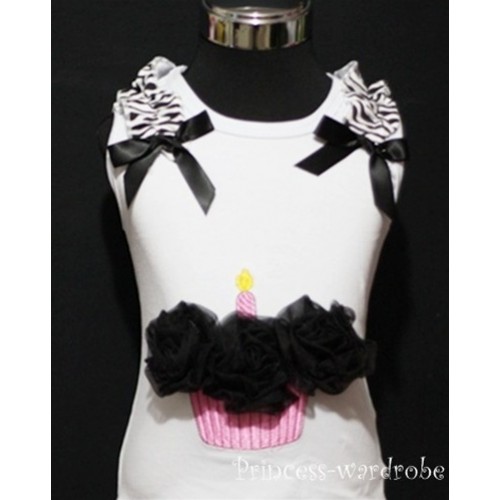 White Birthday Cake Tank Top with Black Rosettes and Bow TC09 