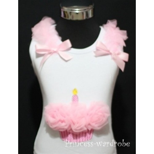 White Birthday Cake Tank Top with Light Pink Rosettes With Ruffles and Bow TC02 