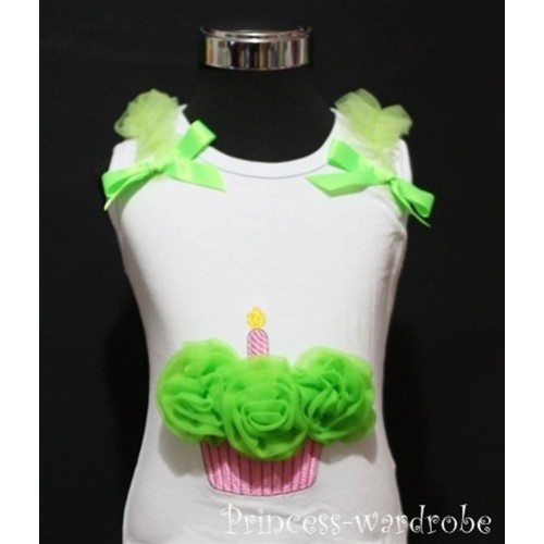 White Birthday Cake Tank Top with Lime Green Rosettes and Bow TC03 