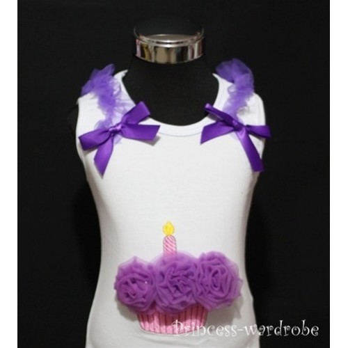 White Birthday Cake Tank Top with Dark Purple Rosettes and Bow TC05 
