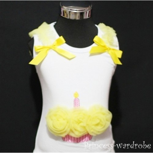 White Birthday Cake Tank Top with Yellow Rosettes and Bow TC07 