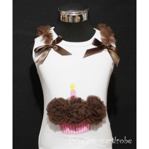 White Birthday Cake Tank Top with Brown Rosettes and Bow TC08 