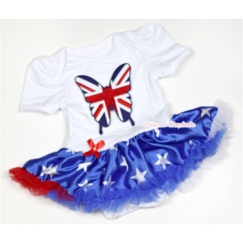 White Baby Jumpsuit Patriotic American Star Pettiskirt with Patriotic British Butterfly Print JS454 