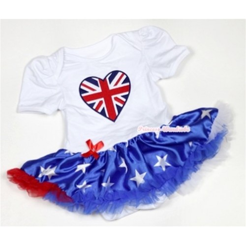 White Baby Jumpsuit Patriotic American Star Pettiskirt with Patriotic British Heart Print JS458 