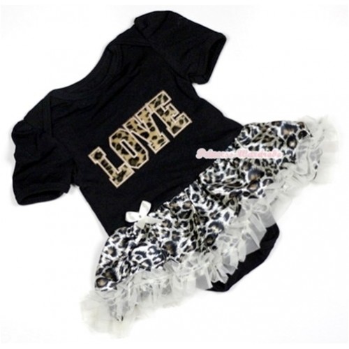 Black Baby Jumpsuit Cream White Leopard Pettiskirt with Leopard Love Print JS463 