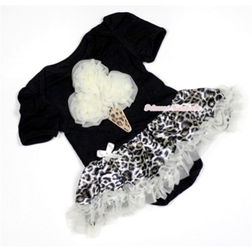 Black Baby Jumpsuit Cream White Leopard Pettiskirt with Cream White Rosettes Leopard Ice Cream Print JS465 
