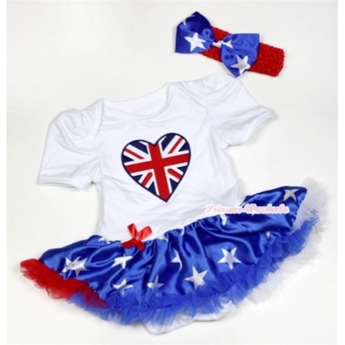 White Baby Jumpsuit Patriotic American Star Pettiskirt With Patriotic British Heart Print With Red Headband Patriotic American Star Satin Bow JS493 