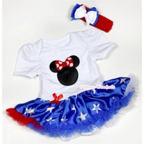 White Baby Jumpsuit Patriotic American Star Pettiskirt With Minnie Print With Red Headband White Royal Blue Ribbon Bow JS495 