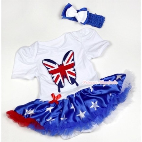 White Baby Jumpsuit Patriotic American Star Pettiskirt With Patriotic British Butterfly Print With Royal Blue Headband White Royal Blue Ribbon Bow JS497 