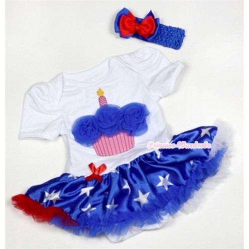 White Baby Jumpsuit Patriotic American Star Pettiskirt With Royal Blue Rosettes Birthday Cake Print With Royal Blue Headband Red Royal Blue Ribbon Bow JS499 