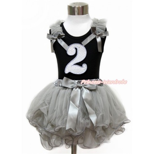 Black Tank Top With Grey Ruffles & Grey Bow & 2nd Sparkle White Birthday Number Print With Grey Bow Grey Petal Pettiskirt MG1137 