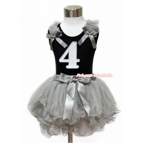 Black Tank Top With Grey Ruffles & Grey Bow & 4th Sparkle White Birthday Number Print With Grey Bow Grey Petal Pettiskirt MG1139 