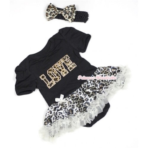Black Baby Jumpsuit Cream White Leopard Pettiskirt With Leopard Love Print With Black Headband Leopard Satin Bow JS501 