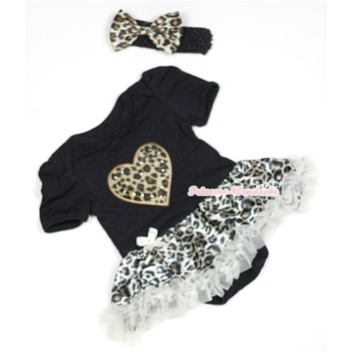 Black Baby Jumpsuit Cream White Leopard Pettiskirt With Leopard Heart Print With Black Headband Leopard Satin Bow JS502 