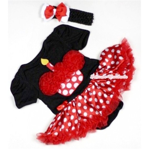 Black Baby Jumpsuit Minnie Dots Pettiskirt With Red Rosettes Minnie Dots Birthday Cake Print With Black Headband Red White Ribbon Bow JS506 