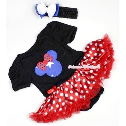 Black Baby Jumpsuit Minnie Dots Pettiskirt With Patriotic American Star Minnie Print With Black Headband White Royal Blue Ribbon Bow JS508 