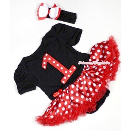 Black Baby Jumpsuit Minnie Dots Pettiskirt With 1st Red White Dots Birthday Number Print With Black Headband White Red Ribbon Bow JS513 