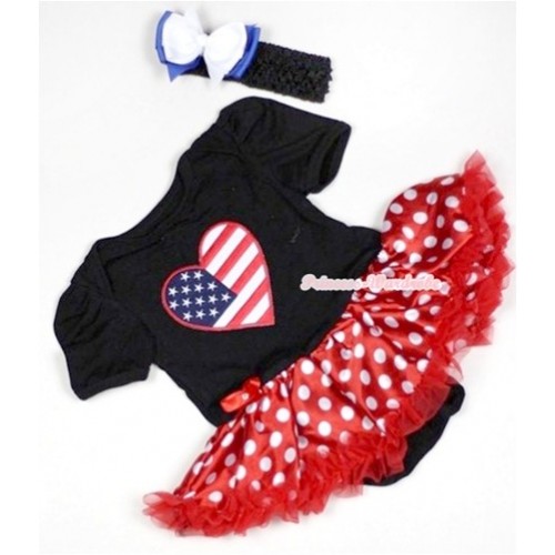 Black Baby Jumpsuit Minnie Dots Pettiskirt With Patriotic American Heart Print With Black Headband White Royal Blue Ribbon Bow JS514 