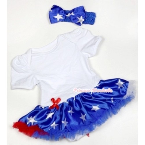 White Baby Jumpsuit Patriotic American Star Pettiskirt With Royal Blue Headband Patriotic American Star Satin Bow JS477 