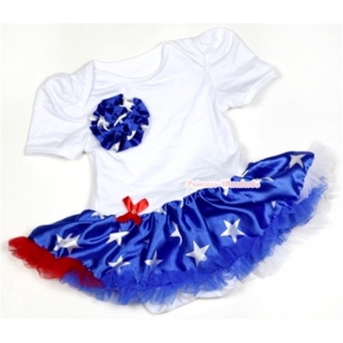 White Baby Jumpsuit Patriotic American Star Pettiskirt with One Patriotic American Star Rose JS480 