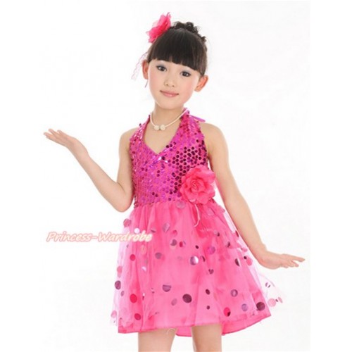 Hot Pink Halter Sparkle Sequins Dress up Dance Party Dress LP43