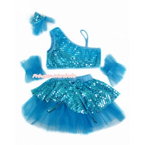 Peacock Blue Sparkle Sequins Top with Dress Up Dance Pettiskirt Set B248 